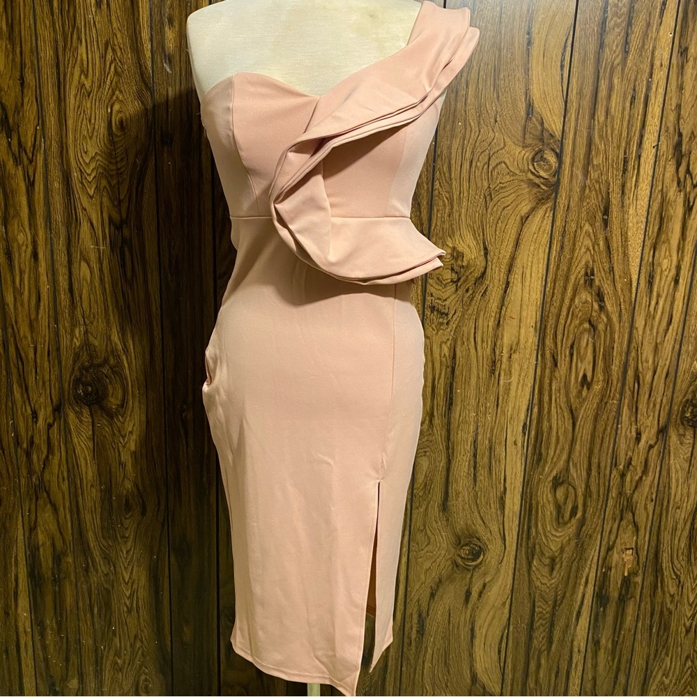Nude One Shoulder Side Split Cocktail Party Bandage Dress - Picture 2 of 10